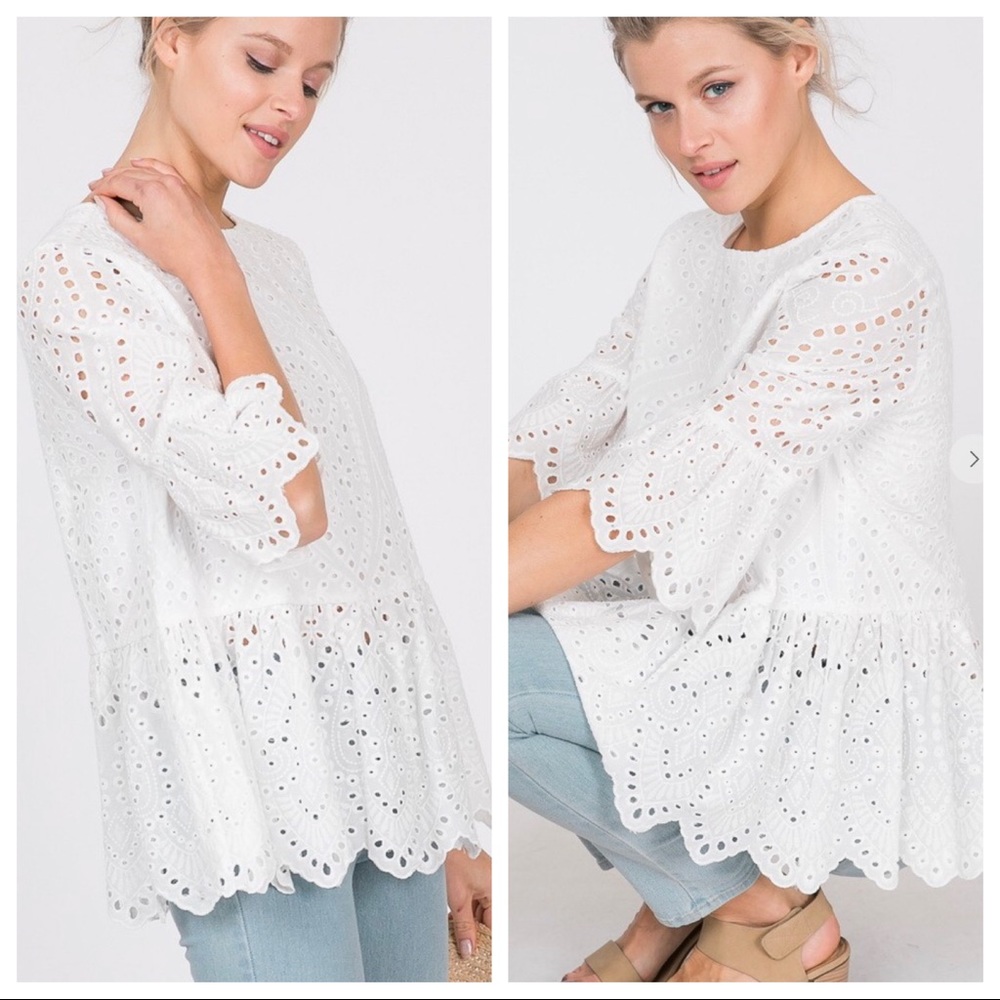 Cotton Eyelet scalloped babydoll solid top - Picture 3 of 6